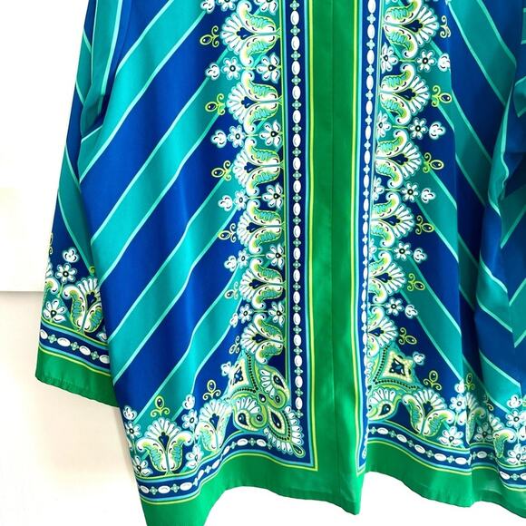 Bob Mackie Wearable Art Green Blue Boho Stripes Paisley Button Down 1X - Picture 4 of 9